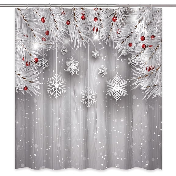 Christmas Shower Curtain Red and Grey Winter Snowflake Christams Decoration on Farmhouse Wooden Background Fabric Shower Curtain Waterproof, 72x72 inch