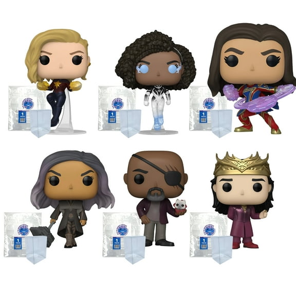The Marvels Set of 6: Captain Marvel, Photon, Ms. Marvel, Dar-Benn, Nick Fury, Prince Yan Funko Pops   6 Plastic Protector Cases