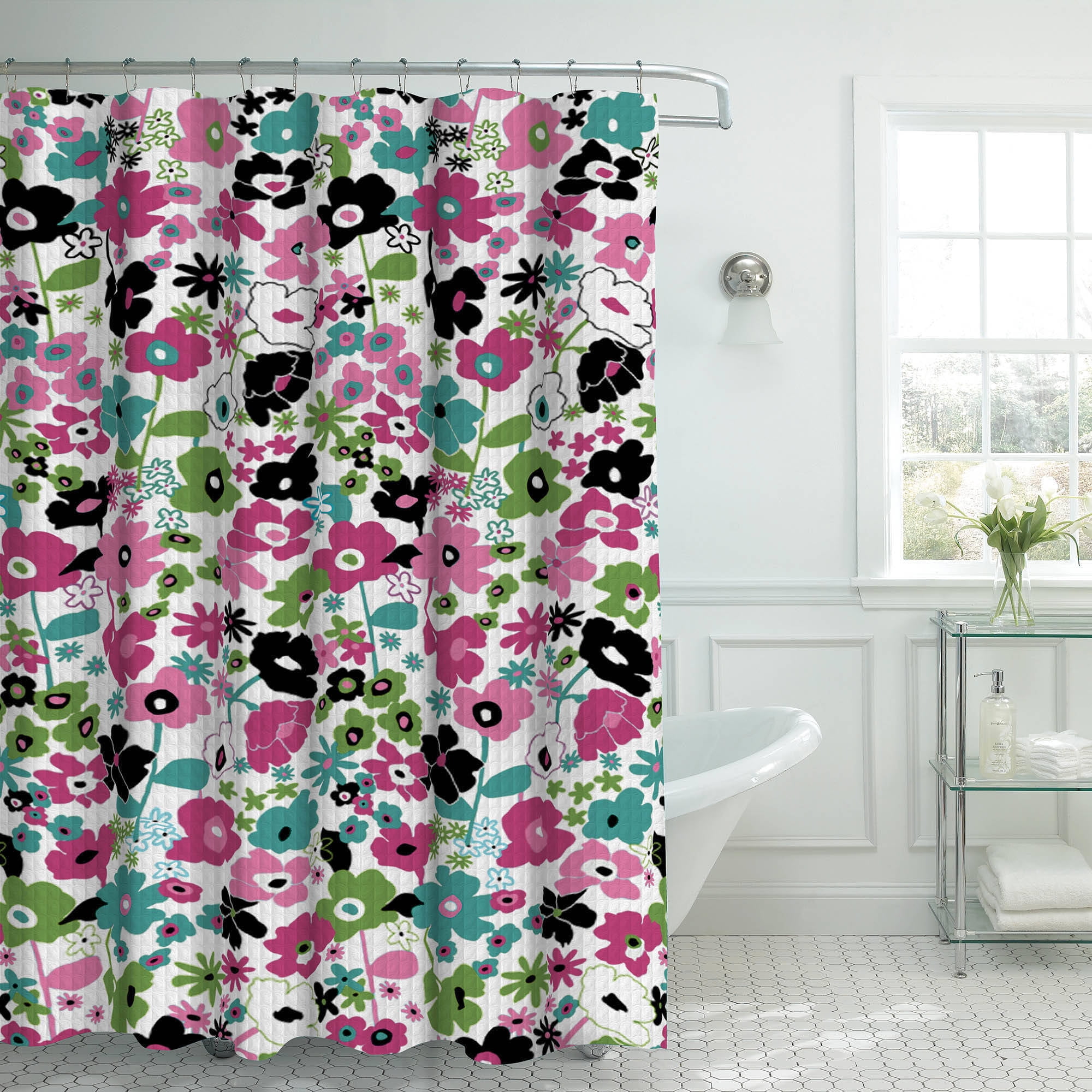 Stencil Floral Faux Linen Textured Shower Curtain with 12 Color