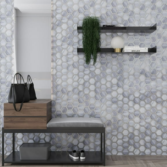 Solace 9 x 10 in. Matte Soft Silver Gray Glass Mosaic Hexagon Wall and Floor Tile (3.28 sq ft/case) - 5 Pack