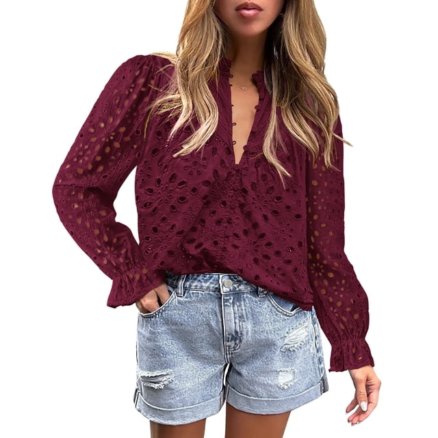 Blusa para Mujer PRETTYGARDEN Roja Vino Manga Larga con Encaje Talla M