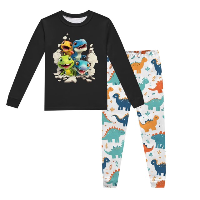 Pyjama Garçon Tout-Petit Imprimé Dinosaure Col Rond Manches Longues Haut Pantalon Ensemble de Pyjama 2 Pcs Printemps Automne Pyjama Tout-Petit Noir 2 Ans-3 Ans