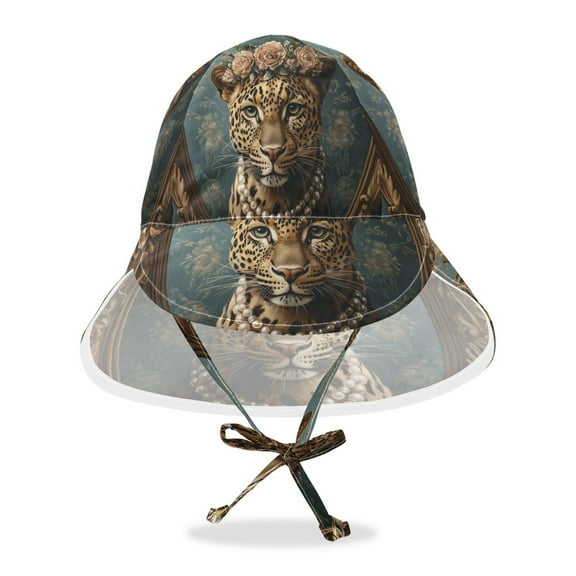 YAZAOO Sun Hat Wide Baby Summer Sun Protection Leopard with Floral Crown Pearls Printed Hat