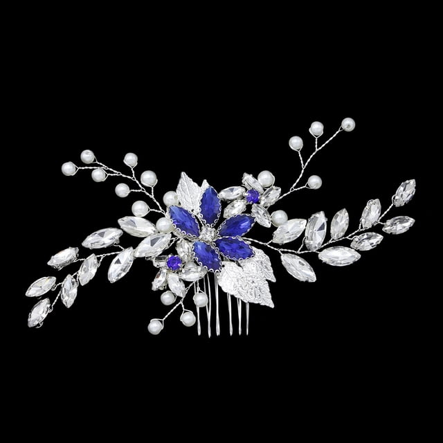 Nvzi Horquillas para el pelo de boda con flores para novias, peinetas con perlas de cristal, pinzas para el pelo, accesorios para el pelo de boda dorados, joyas, color azul