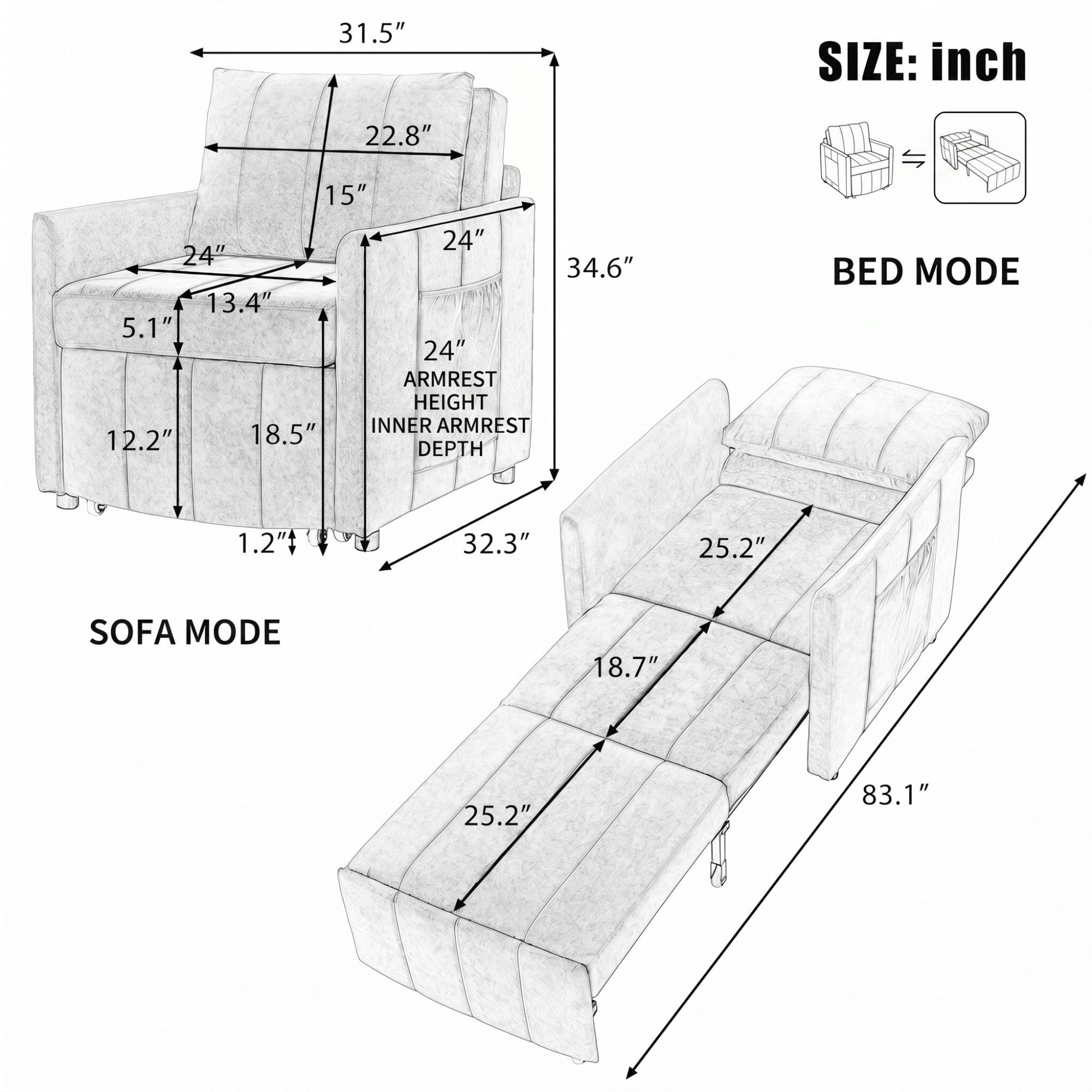 Sailvan 31.5" Convertible Pull Out Sofa Bed, Adjustable Chenille Sleeper Chair with Storage Grey