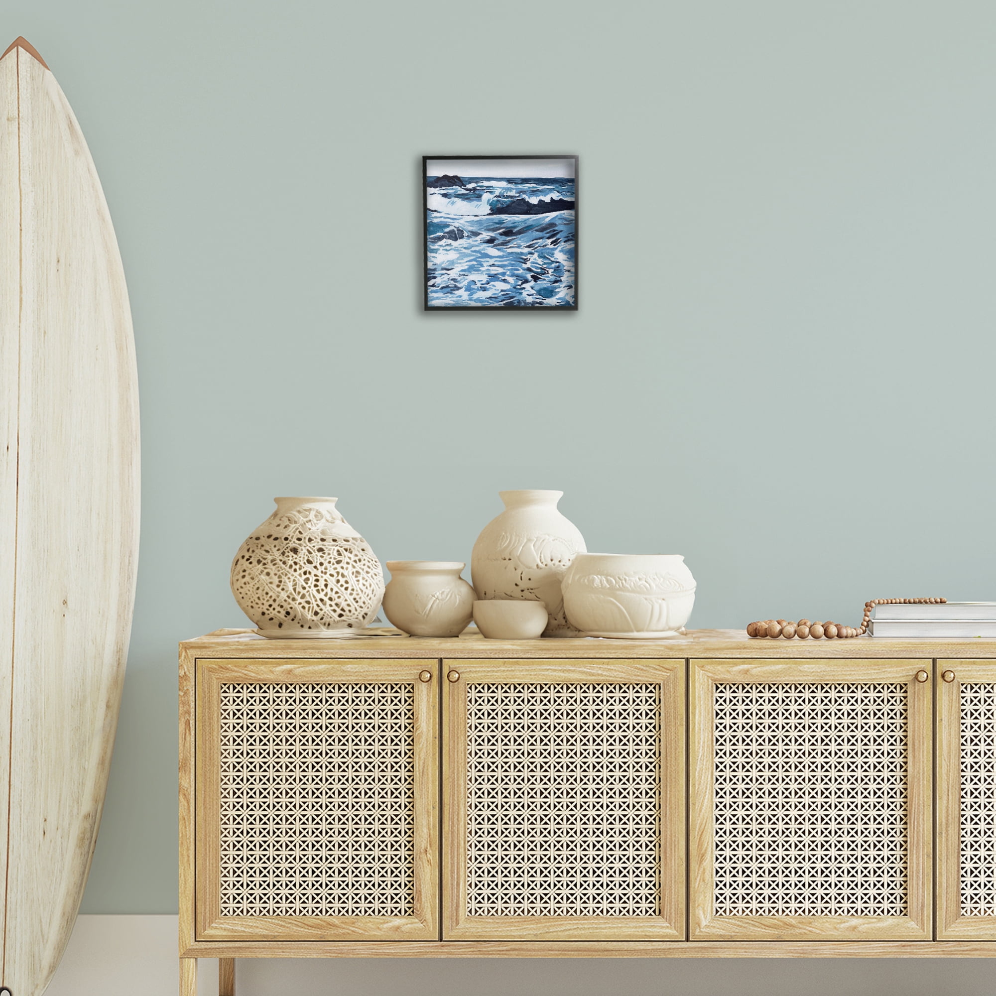 Stupell Industries Blue Coastal Waves Landscape Painting Black Framed Art Print Wall Art, 12 x 12