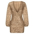 thumbnail image 4 of IROINNID Formal Dress for Women Wedding Guest Evening Party Formal Dress Solid s Comfy Long Sleeve V -Neck Sequin Out Slim Mini Dress,Gold, 4 of 6