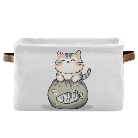 Yayeee Canvas Storage Basket with Handles for Shelves Fabric Bins Closet Organizer, Green Cute Cat