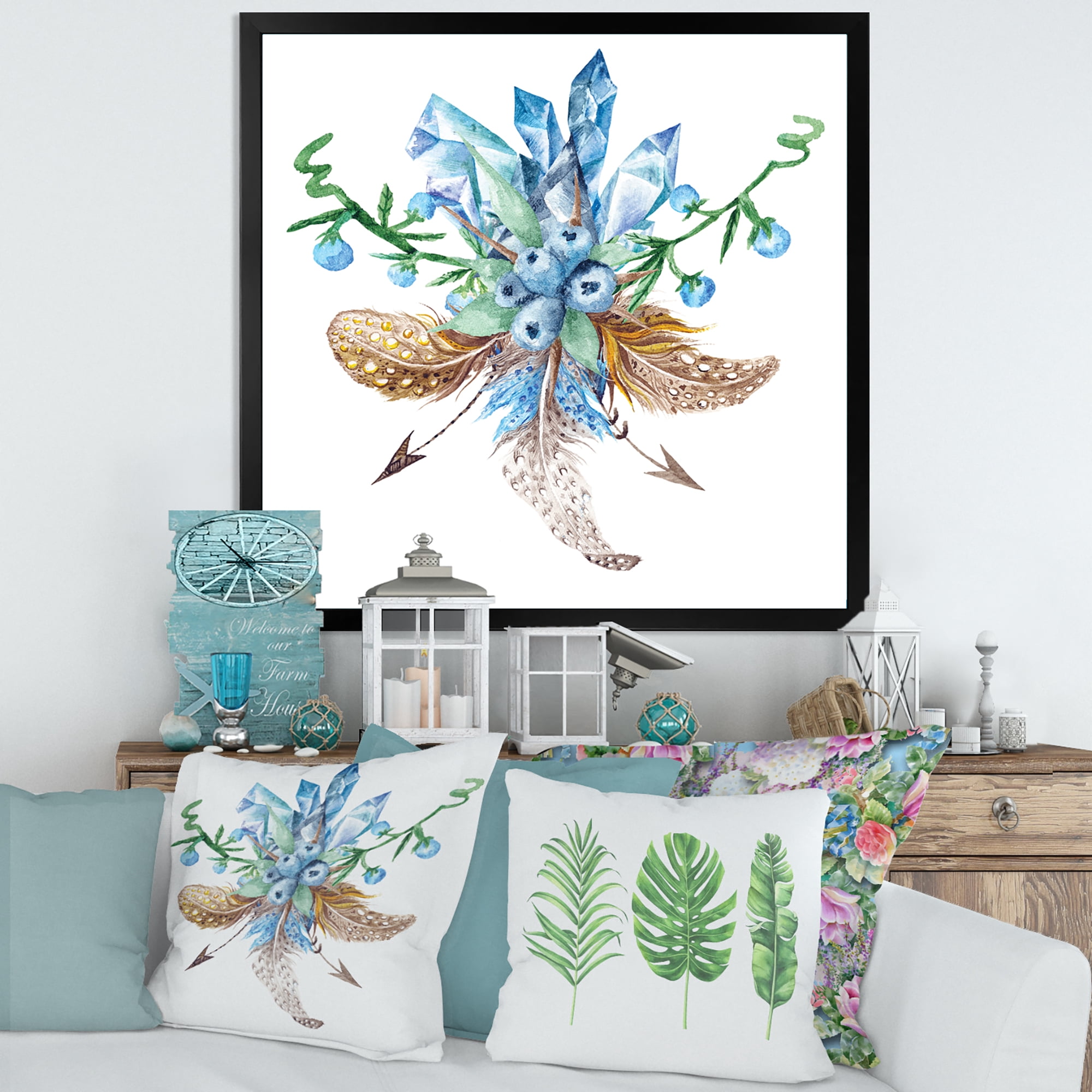 Designart 'Fresh Tribal Vignette Wild Forest Wreath Design On White I' Traditional Framed Art Print