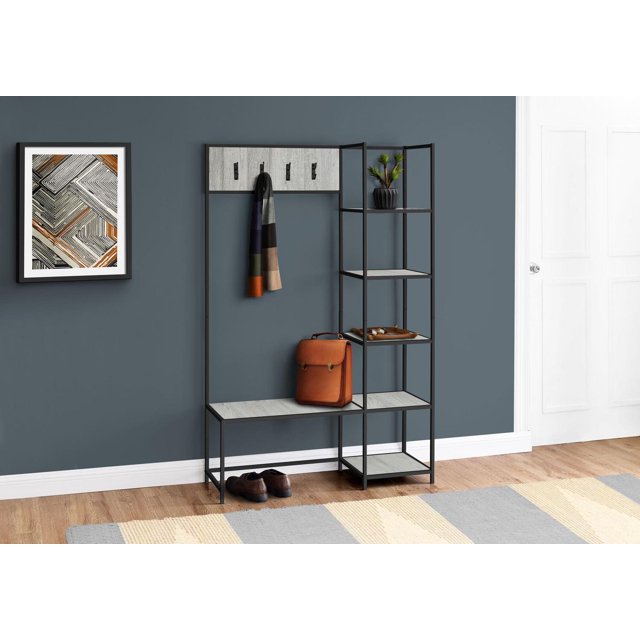 Monarch Specialties Bench, Entryway, Hallway, Storage, Organizer, Coat Rack, Hall Tree, Metal, Laminate, Grey, Black, Contemporary, Modern