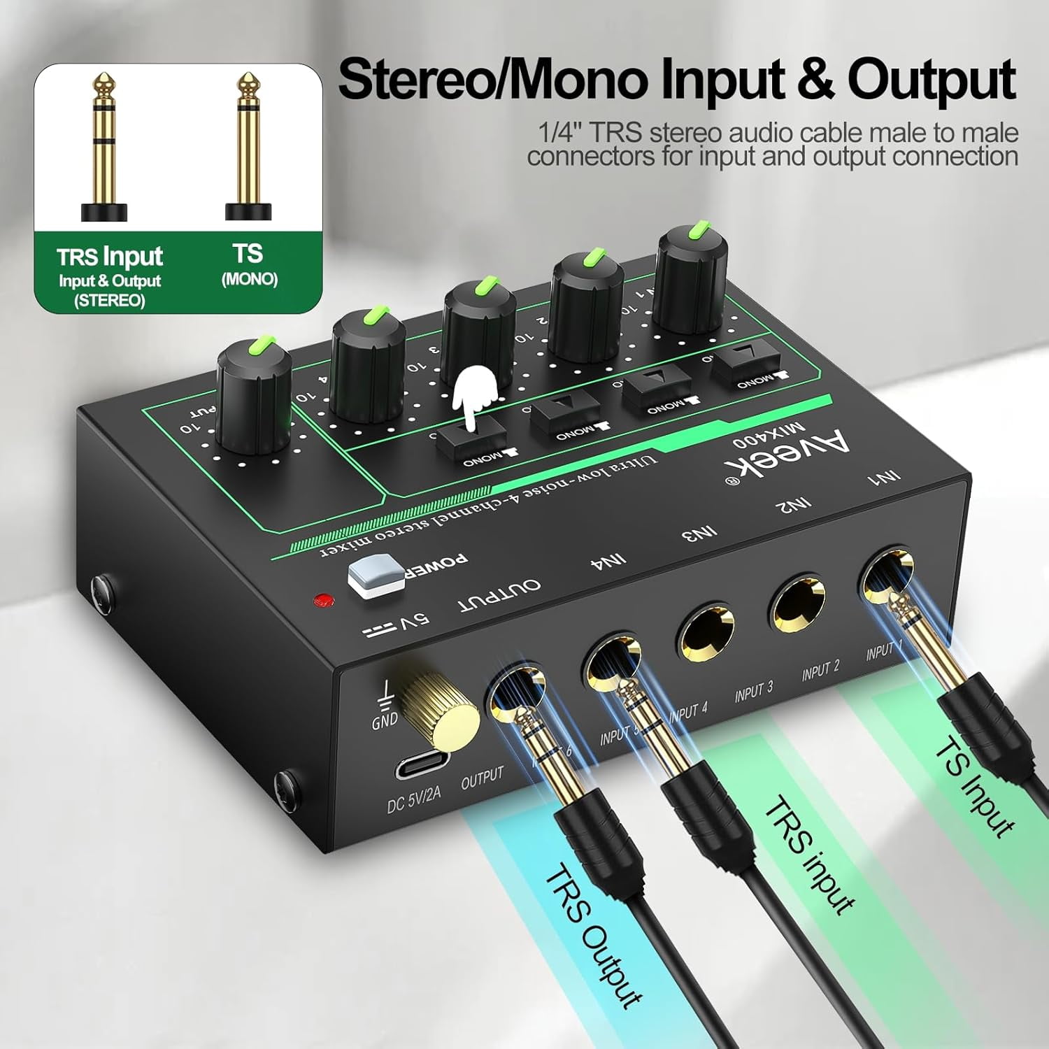 Aveek 4 Channel Mixer - Mini 4 Stereo Audio Mixer, Low-Noise for Precision Sub-Mixing,1/4" TRS Input/Output Ideal for Mics/Guitars/Bass/Stage