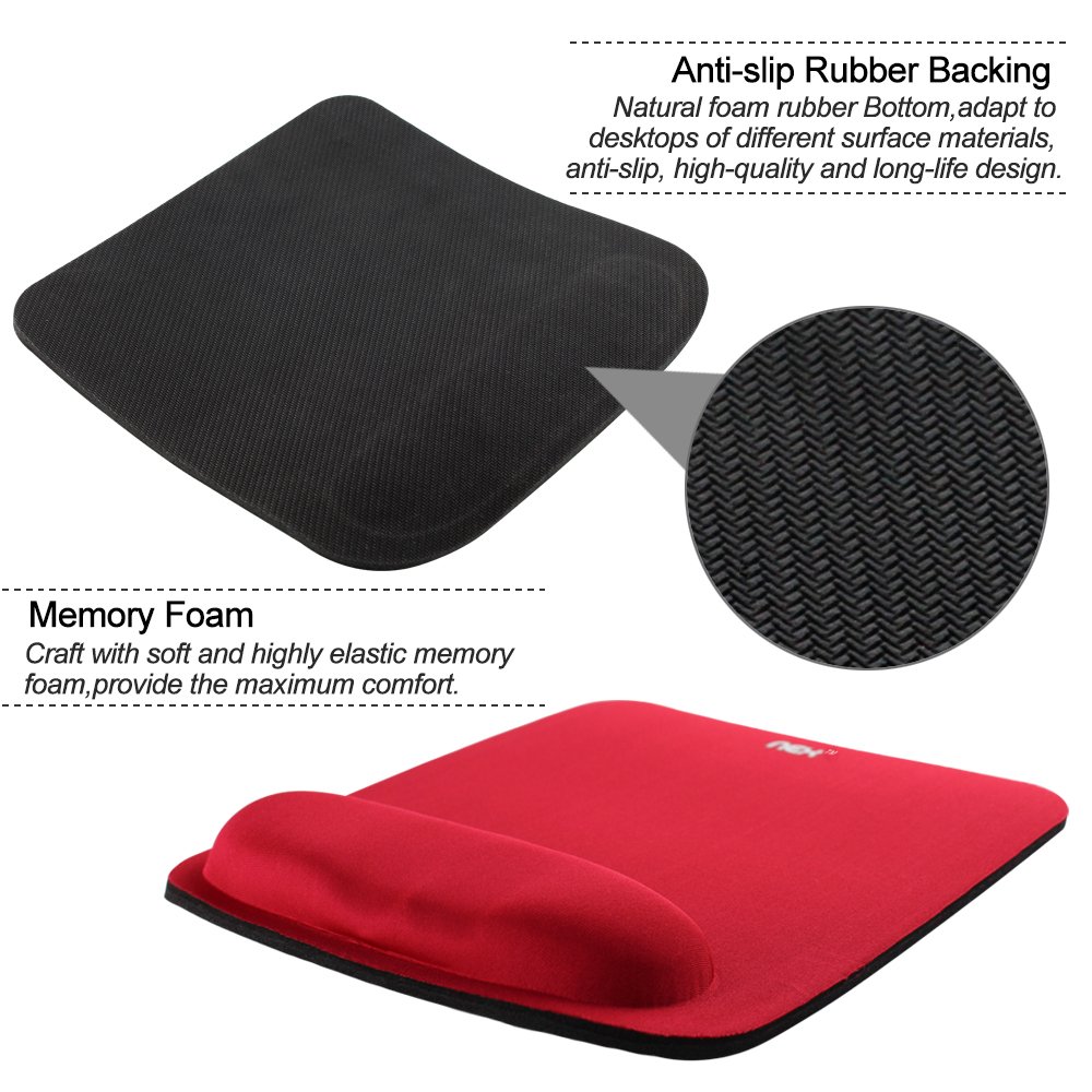 NEX Mouse Pad with Memory Foam Wrist Rest, Non-slip Rubber Base Mouse Mat for Typist Office (Red)