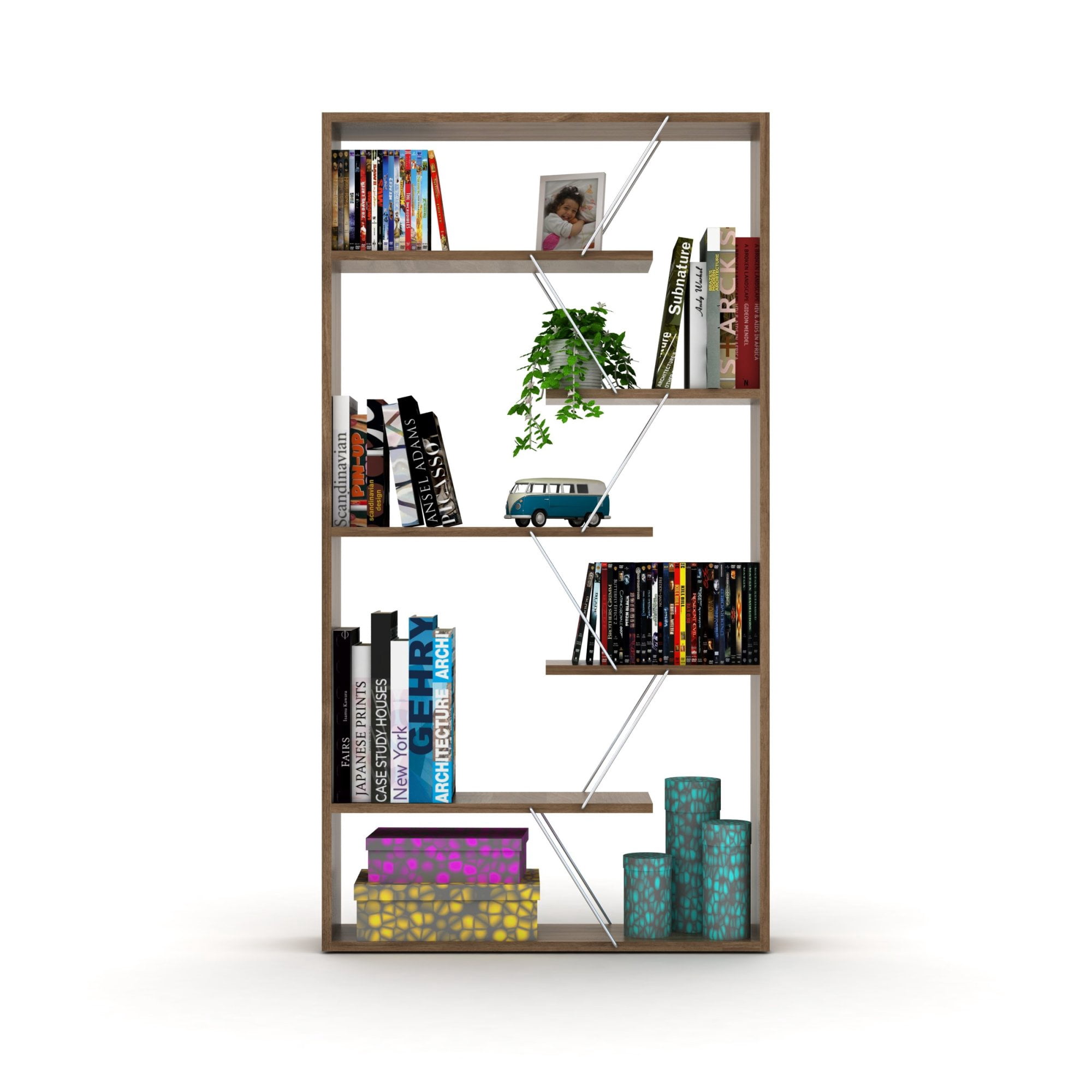 ZHAOXIXING Furniture Wood Frame Etagere Open Back 6-Shelf Bookcase, Walnut/Chrome