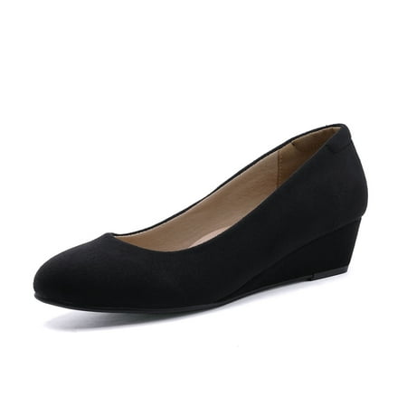 

Omagie Women s Low Heel Wedge Loafers Round Toe Slip-on Shoes Black V1 Faux Suede Size 6