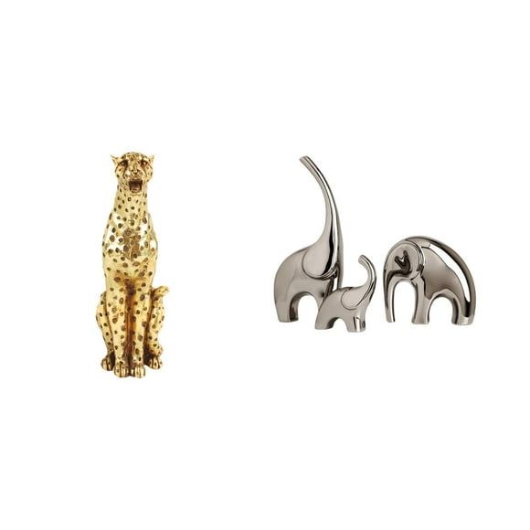 Luzkey Golden Cheetah and Elephant Family Ceramic Animal Sculpture Decorative Table Centerpiece Collectible Ornament for Home Office Decor