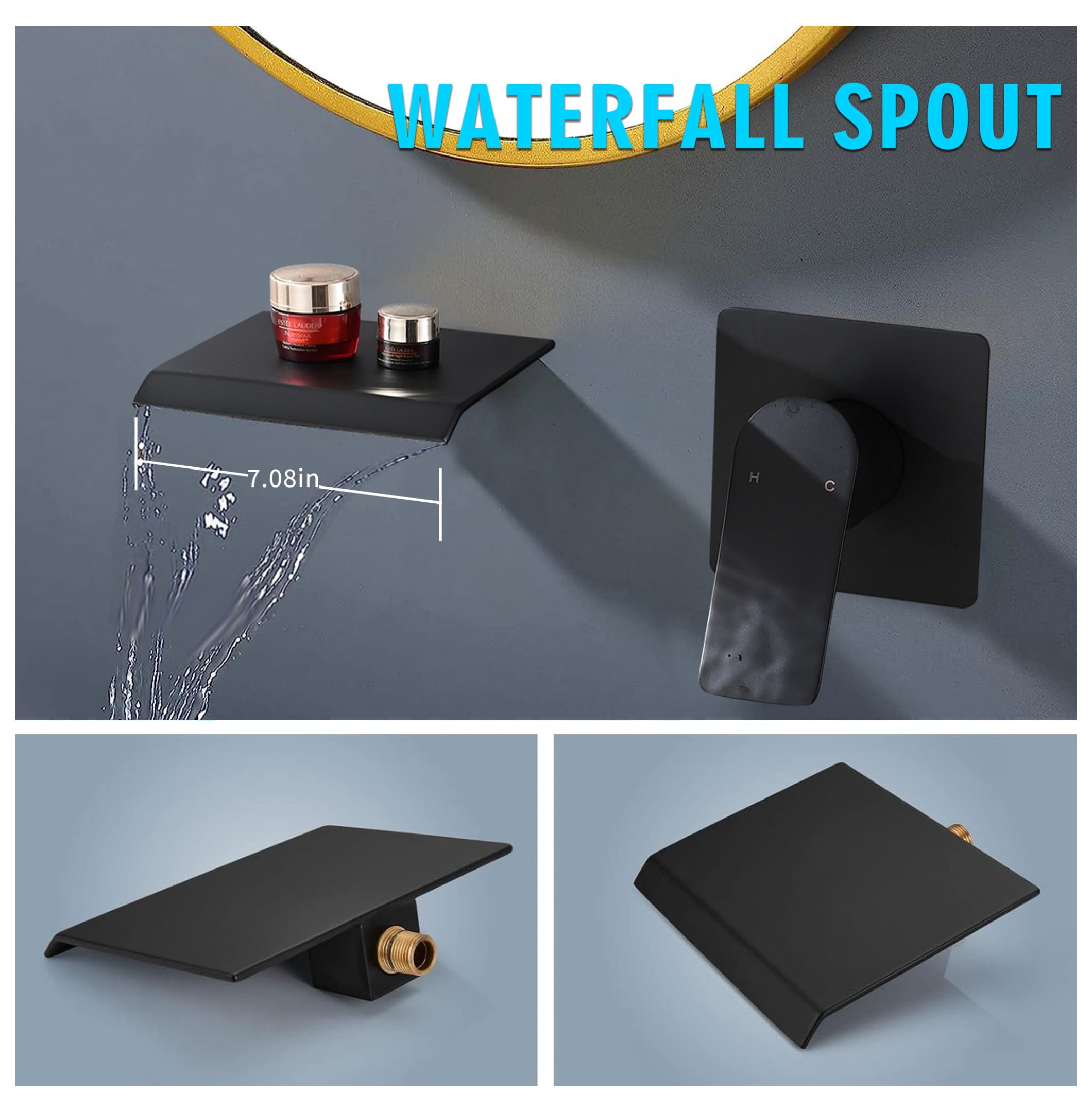 Matte Black Wall Mount Bathtub Faucet - Single Handle Modern Waterfall Tub Spout with Rough-in - Stainless Steel Bathroom Sink Faucet