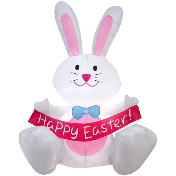 3 1/2' Gemmy Airblown Inflatable Easter Bunny w/ Bowtie Sitting Holding "Happy Easter" Banner Yard Decoration