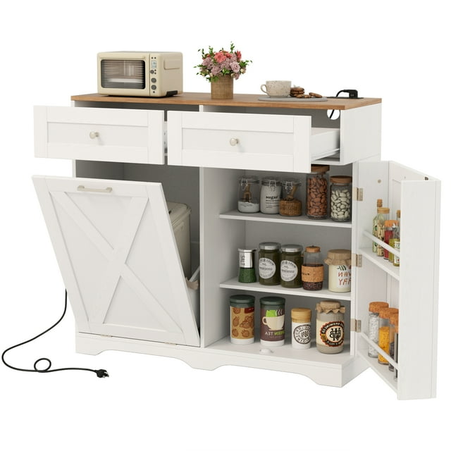 Gymax Tilt Out Trash Can Cabinet w/ Outlets 2 Drawers Adjustable Shelf Anti-Tipping Kit White & Walnut