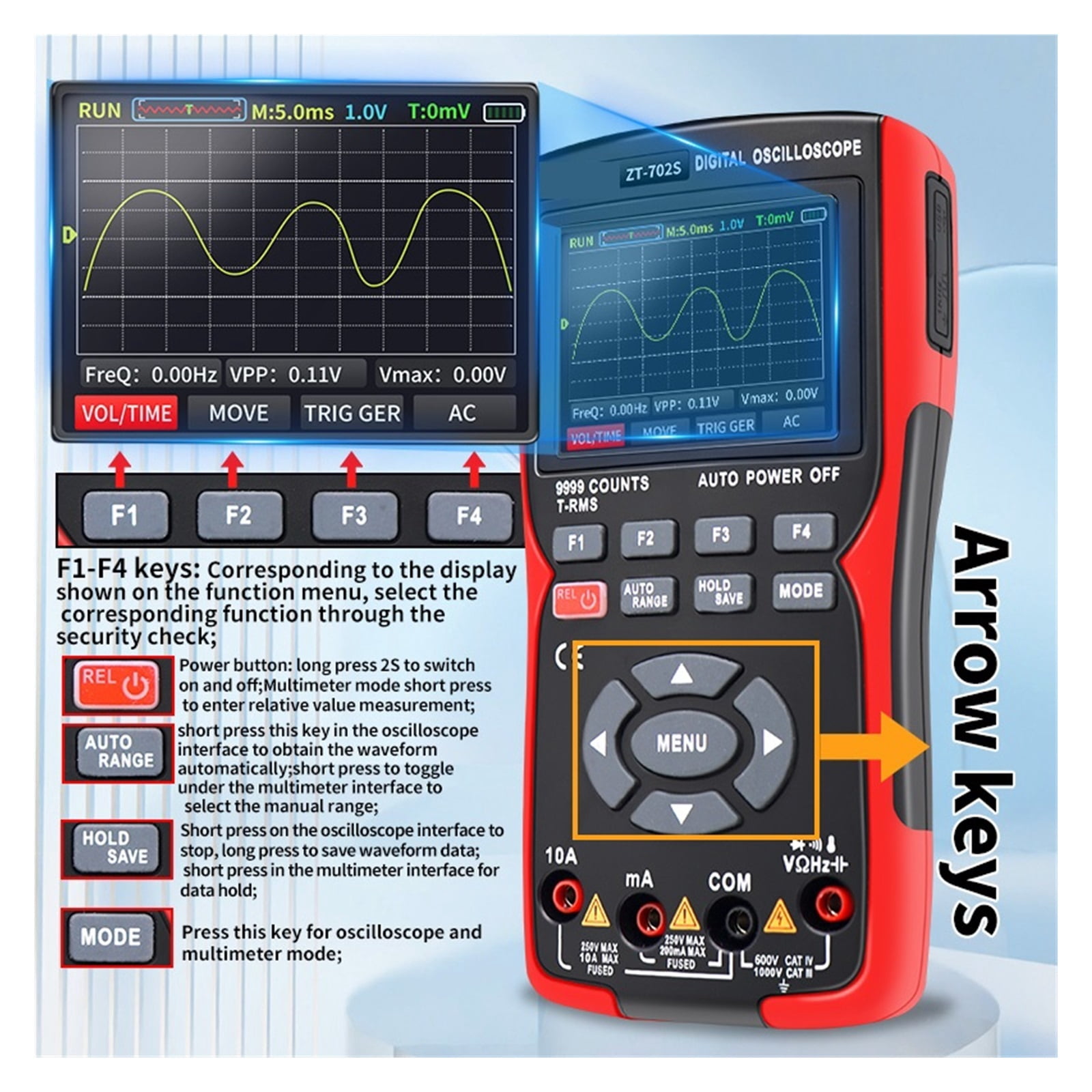 Digital Oscilloscope 48MSa/s 10Mhz Waveform Digital Storage Oscilloscpe Multimeter Auto True RMS Tranistor Probe Multimetro ,Professional Designed