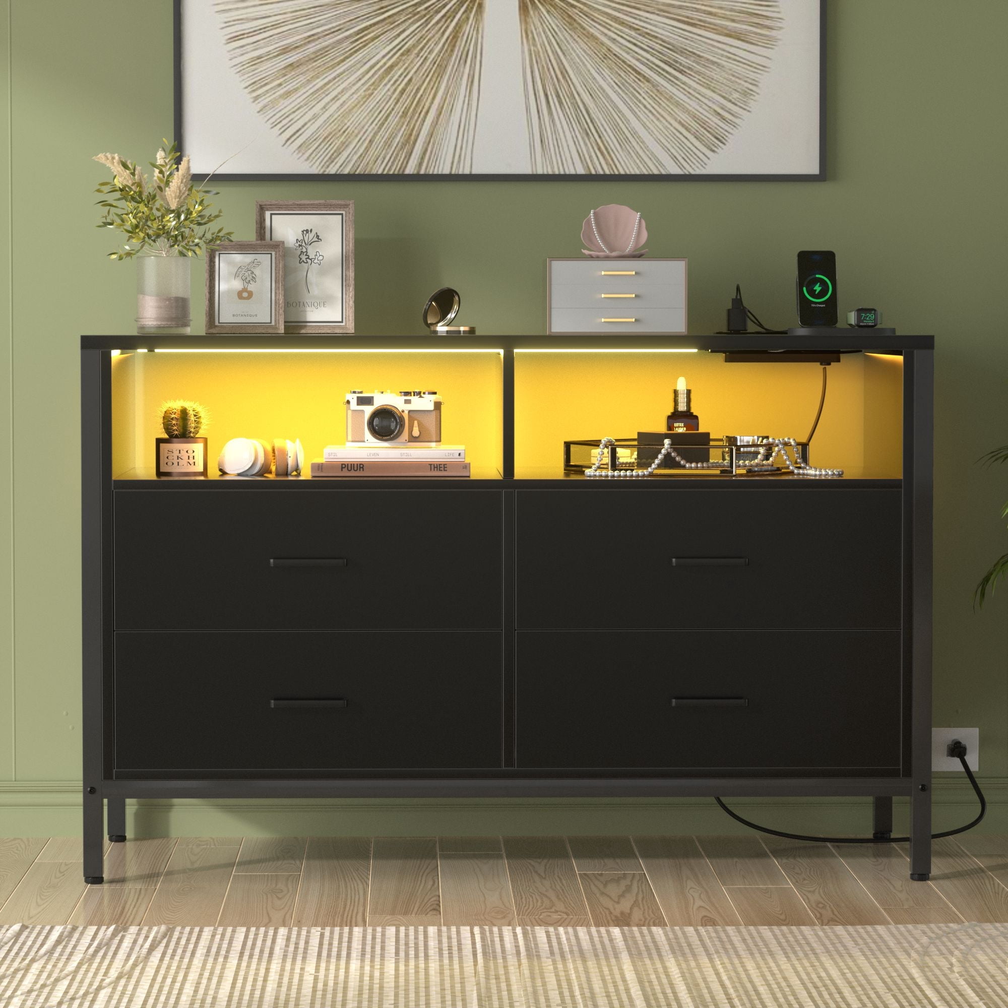 Homieasy Dresser for Bedroom, 4 Drawer Dresser with LED Lights and Charging Station, Wood Dresser, Wide Chest of Drawer Storage Organizer, Dresser TV Stand for Living Room, Closet, Entryway, Black