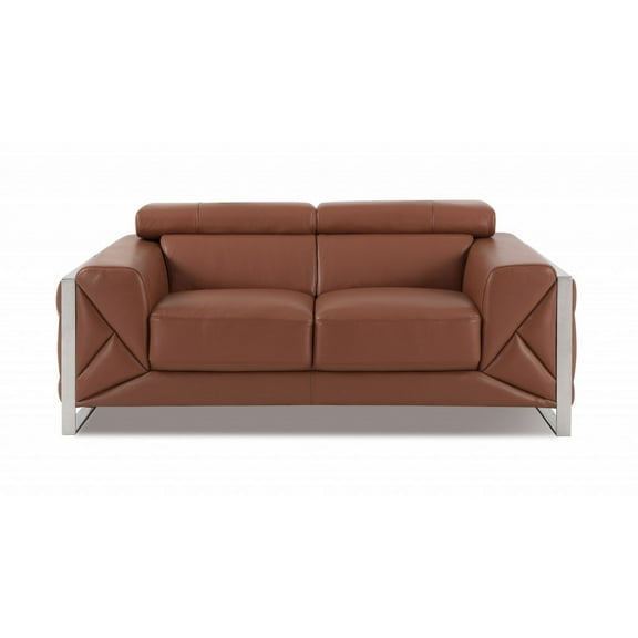 75" Camel Brown Italian Leather and Chrome Love Seat