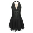 thumbnail image 3 of iEFiEL Womens Rhinestone Figure Skating Dress Chiffon Illusion Deep V-neck Ballet Lyrical Leotard Dance Dress Black XL, 3 of 7
