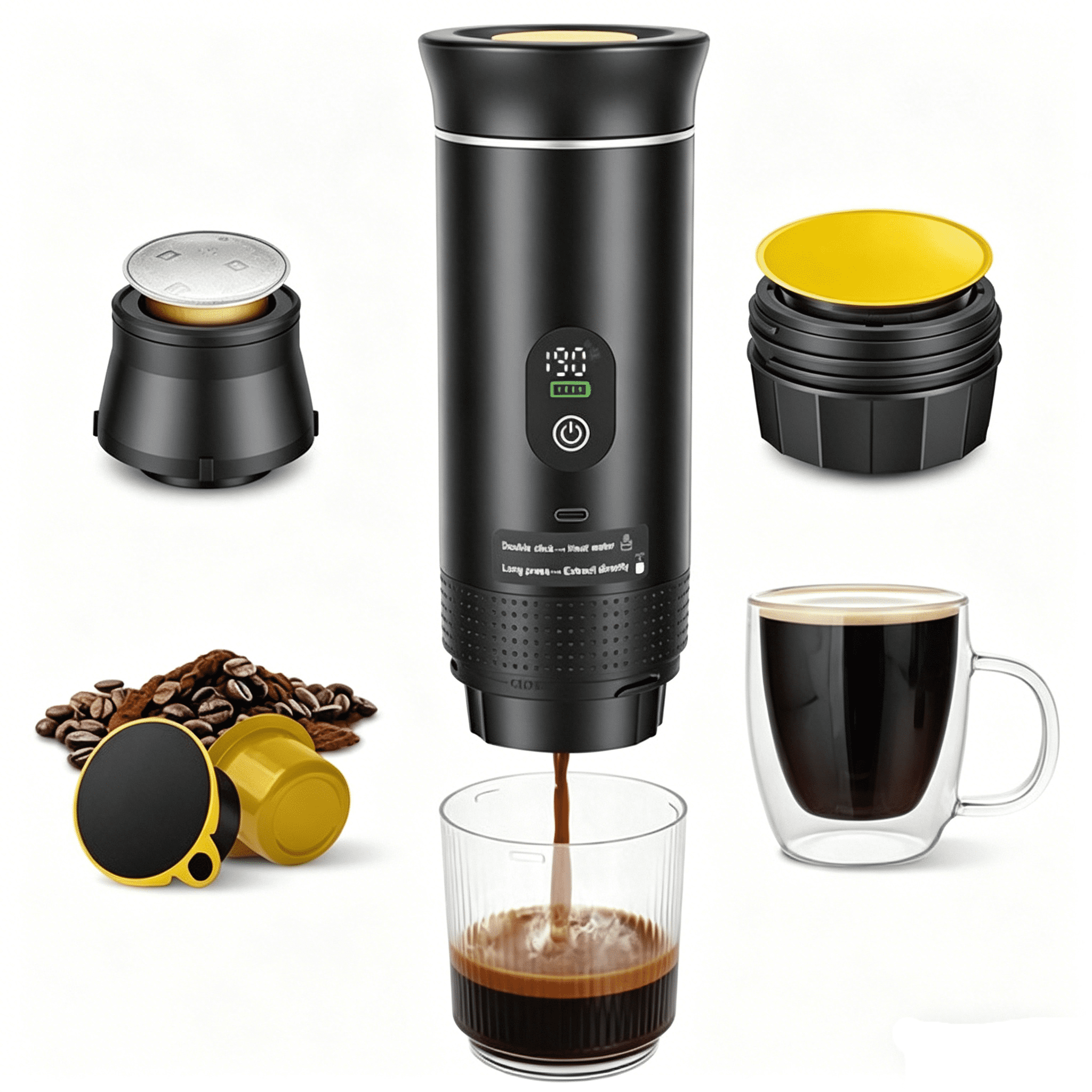 7500mAh Cordless Self-Heating 3-in-1 Portable Espresso Machine 20Bar Pressure Fast Heating Coffee Maker Anti-Dry Burn Fit Coffee & Capsules for Camping Hiking Home Office