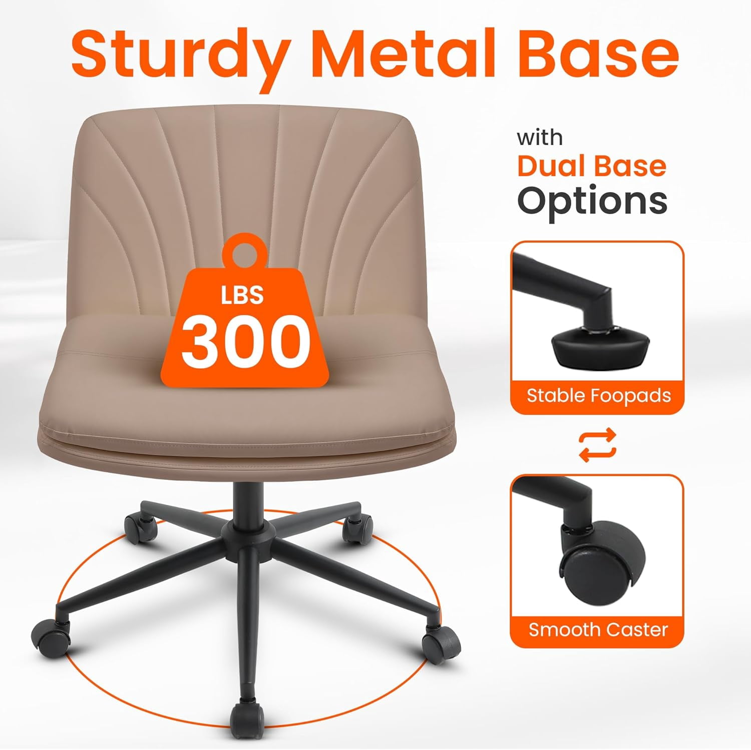 Orange Factory Criss Cross Chair with Wheels Comfy Wide Vanity Desk Chair Dual Base Leather Armless Adjustable Swivel for Home Computer Task (Brown Pu, Faux Leather)