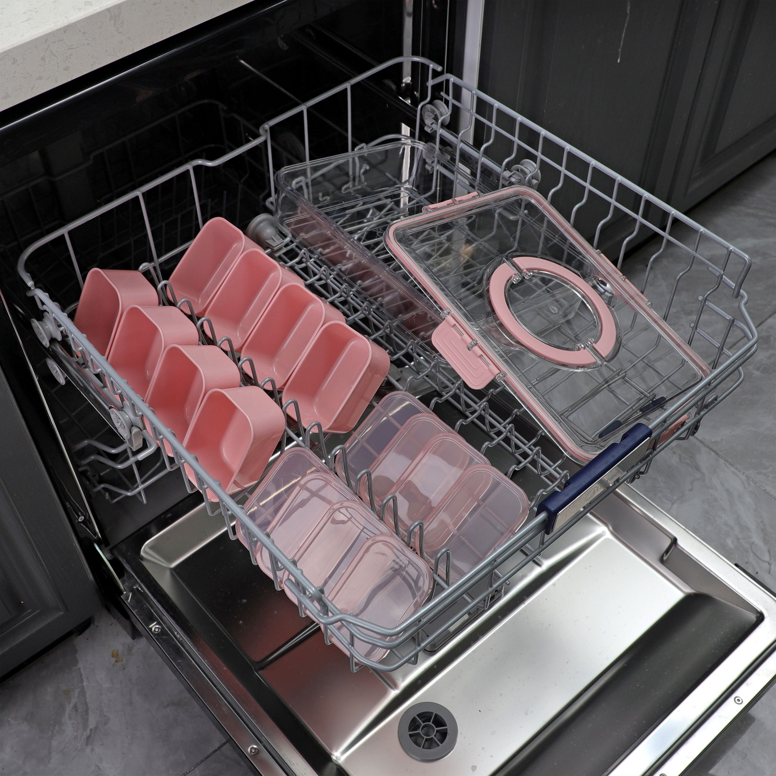 Cook With Color Pink 8 compartment snackle box, charcuterie container, divided serving tray with lid and handle.