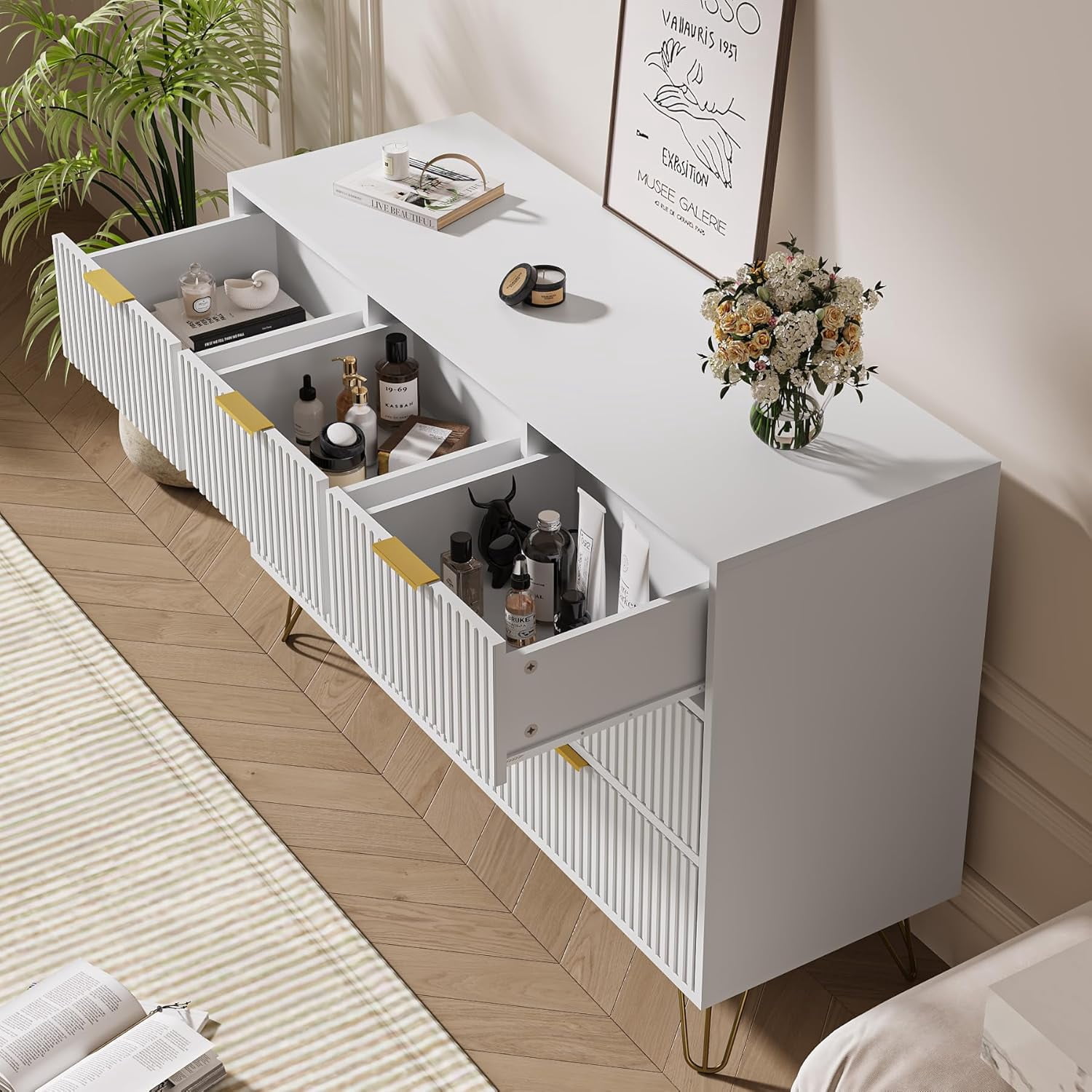 FURNIWAY Dresser for Bedroom, Fluted Modern Dresser with Gold Pulls and 7 Drawers,Fluted Wood TV Stand for Living Room, Hallwa,White
