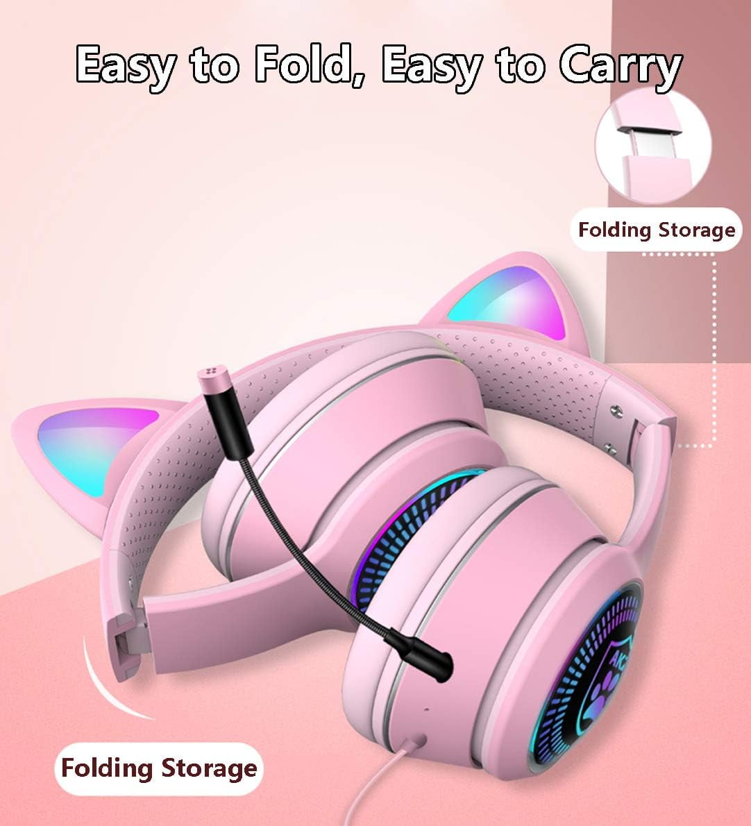 Cat Ear Gaming Headset with Microphone Flashing Glowing Stereo Headset$stereo Surround Earmuff Headset Bluetooth Headset