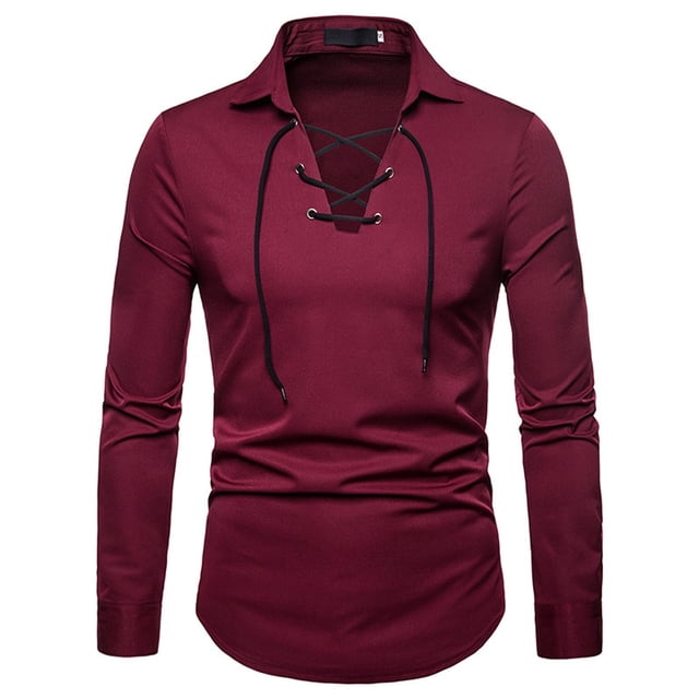 CEHVOM Men Lace Slim Fit Long Sleeve Turndown Pullover Shirts Tops Blouse