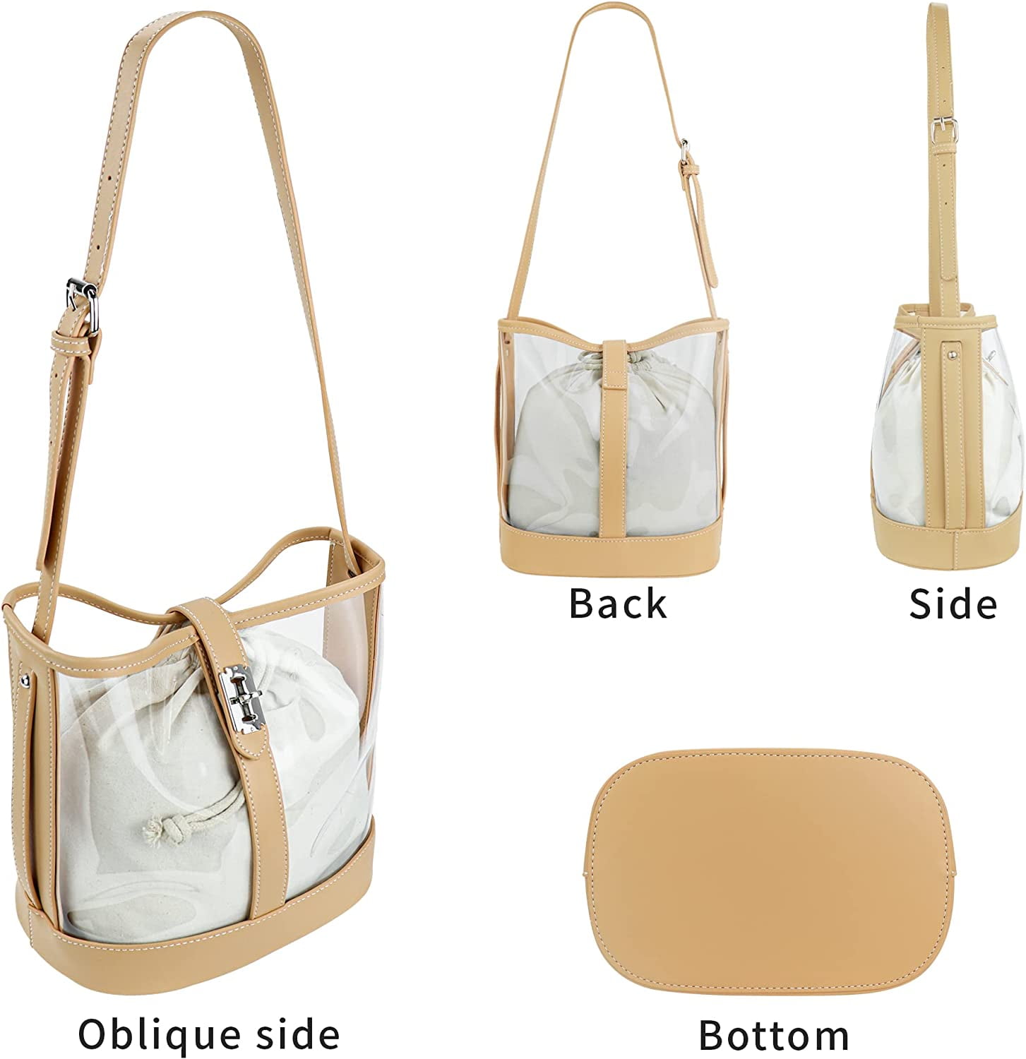 Studded Decor Bucket Bag Drawstring Design, Clear Bag