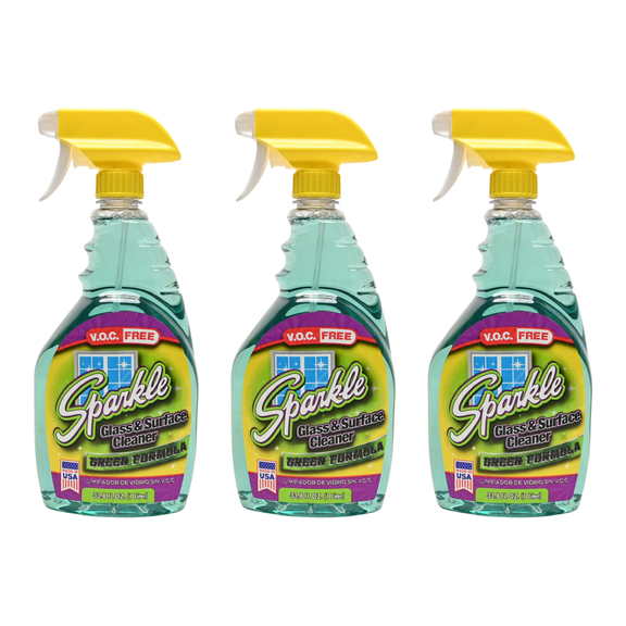 Sparkle Glass Cleaner Spray, New Green Formula, V.O.C Free, Leaves No Streaks, 33.8 FL OZ Spray Bottle (Pack of 3)