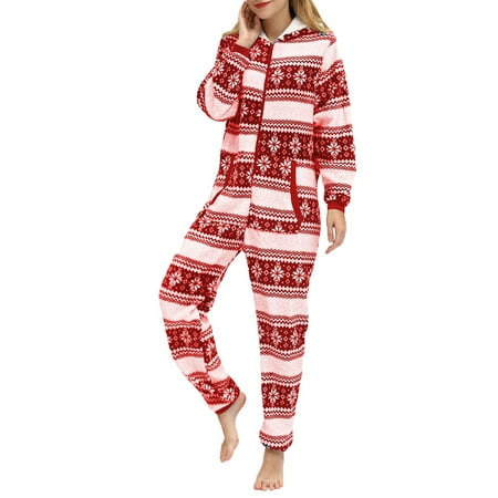 

AMILIEe Women Christmas Pajamas Onesies Deer Snowflake Long Sleeve Hooded Jumpsuit Nightwear