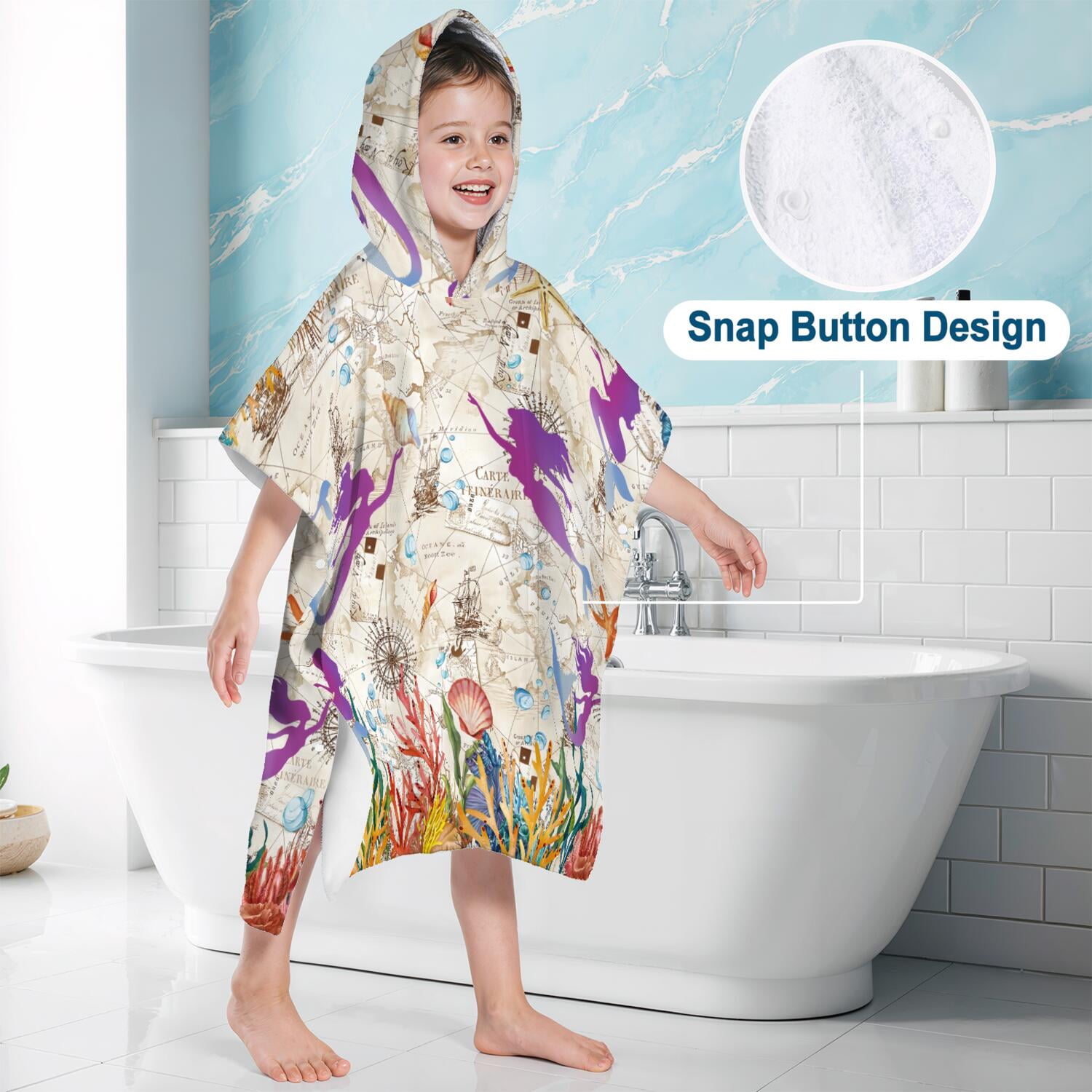 Hooded Kids Beach Towels - Toddler Bath Towel Girls Boys Swimming Cover-ups for Ages 2 to 6 Kids Pool Towels Quick Dry Lightweight Soft Microfiber Poncho Towel 28x28 (Mermaid Seashell)