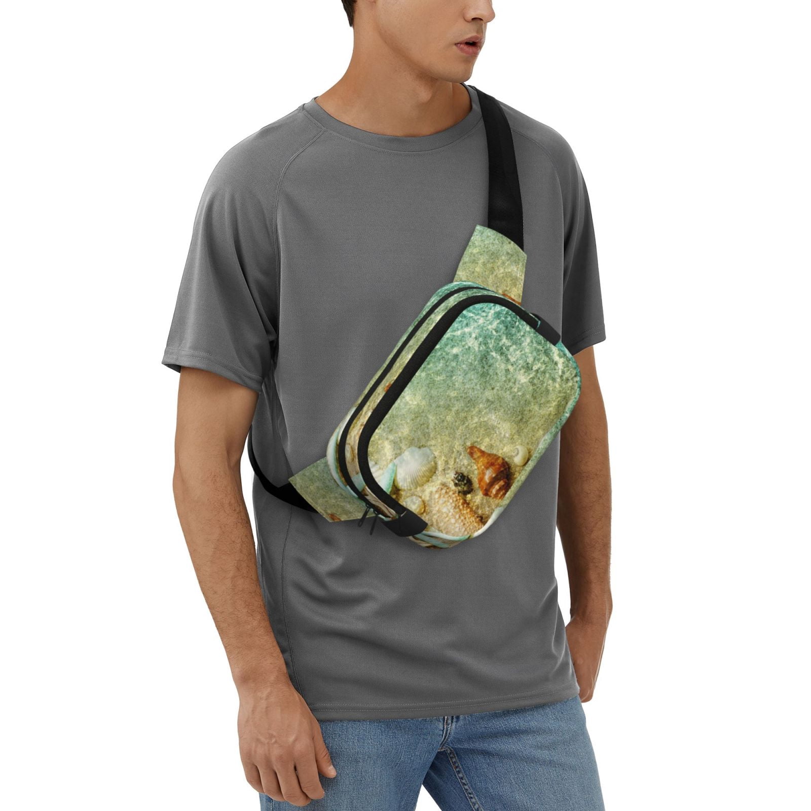 Picia Starfish And Seashell Print Square Double-Layer Waist Bag Mini Adjustable Waist Belt Bag Exercise Running Travel Hiking