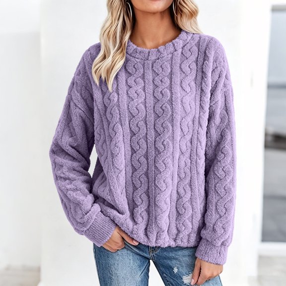 Mifsaly Womens Fuzzy Fleece Sweatshirt Crewneck Long Sleeve Cable Knit Pullover Sweater Textured Loose Fit Fall Winter Warm Clothes Purple,Free Size