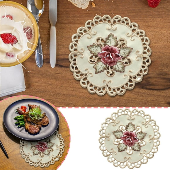 Ensemble de 4 Napperons Ronds Floraux Blancs Brodés en Dentelle pour Tables - Napperons en Lin Élégants pour Table et Chemin de Table