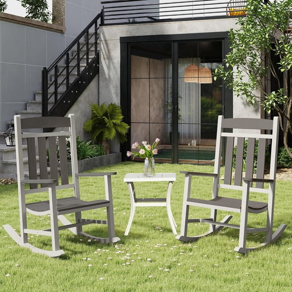 Outdoor Patio Rocking Chairs Set of 3, 2 Chairs Made of Metal & WPC 1 All Metal Table, Outside Oversized Porch Rocker Chairs with High Back for Adults, Outdoor Rocker for Garden, White & Grey