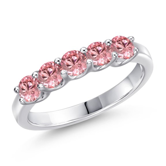 Gem Stone King 925 Sterling Silver Pink Lab Grown Diamond Wedding-Bands Ring for Women | 0.90 Cttw | Round 3.5MM | Gemstone April Birthstone | Size 6