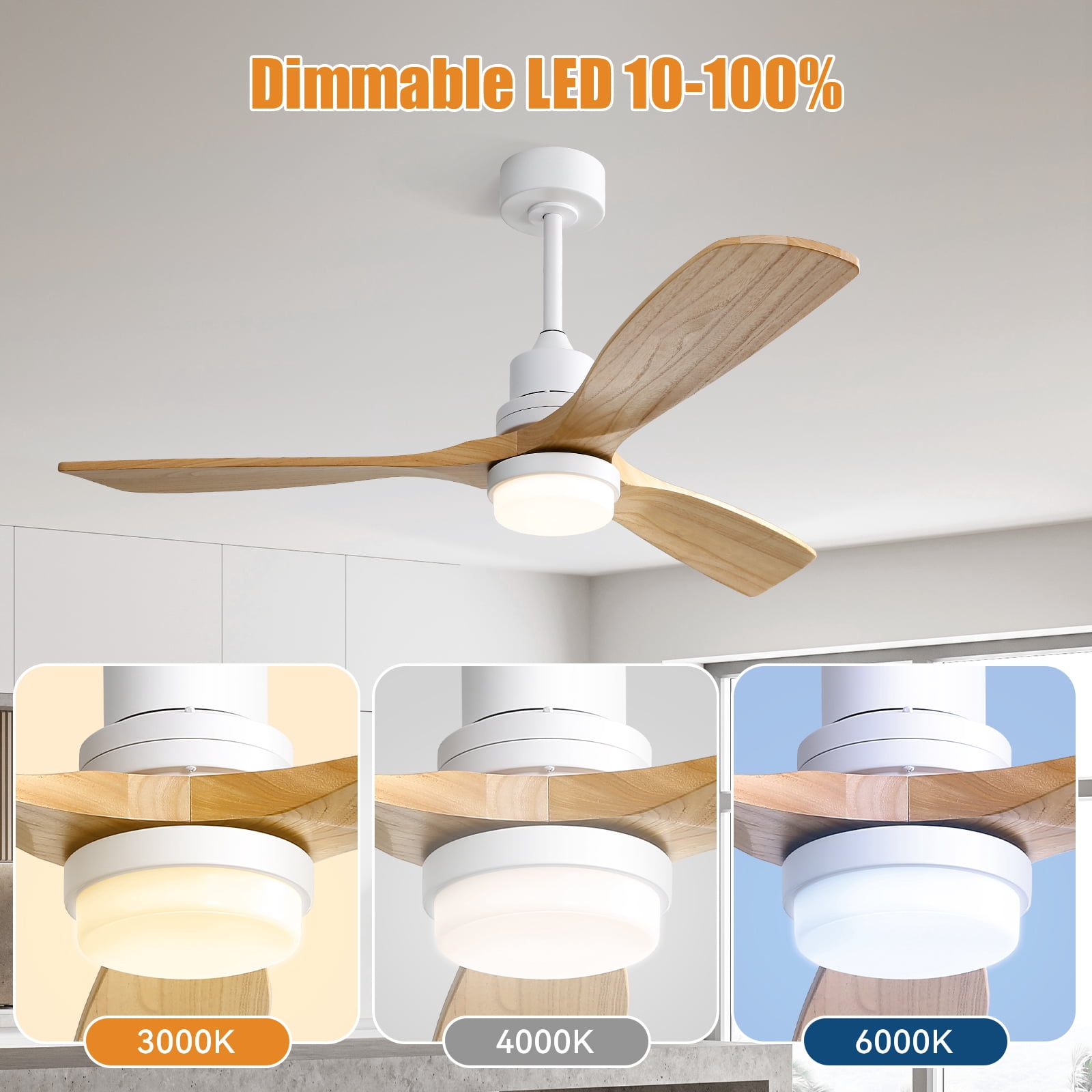 Sofucor Ceiling Fan with Lights, 52 Inch Mordern Wood Ceiling Fan with Remote for Indoor Farmhouse Bedroom Living Room Outdoor Patio Porch, Reversible DC Motor, Noiseless