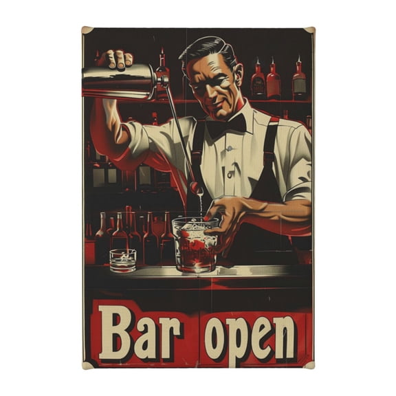 8x12 inch Oil Painting Wall Art Bartender ‘bar Open’ Slogan,Rustic Bar,Tavern Decor Accessory,Classic Bartender Retro Art Paintings Canvas,Gifts For Wine Enthusiast,For Bar,Tavern,Man Cave