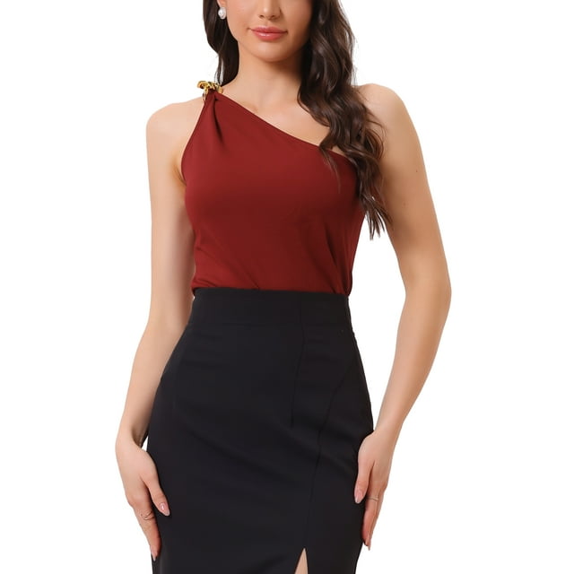 TOP SIN MANGAS DE UN HOMBRO PARA MUJER INSPIRADO CHIC CON CADENA TANK VERANO BURDEOS M