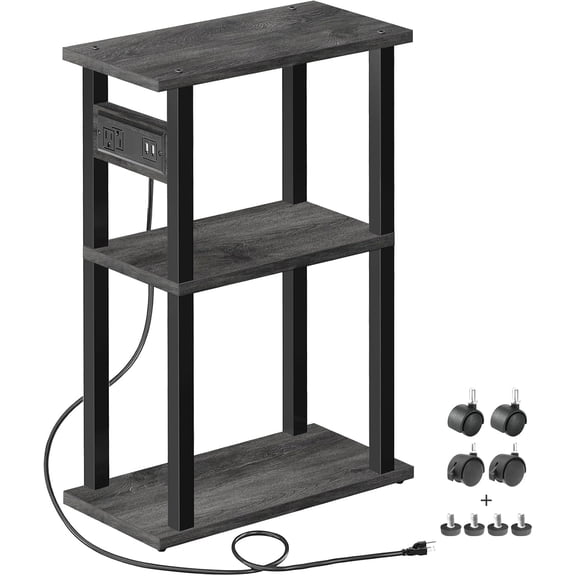 Slim Narrow Nightstand Side Table with Charging Station, USB Ports & Outlet, Skinny End Table with Wheels for Small Spaces, Sofa Beside Table for Bedroom, Grey