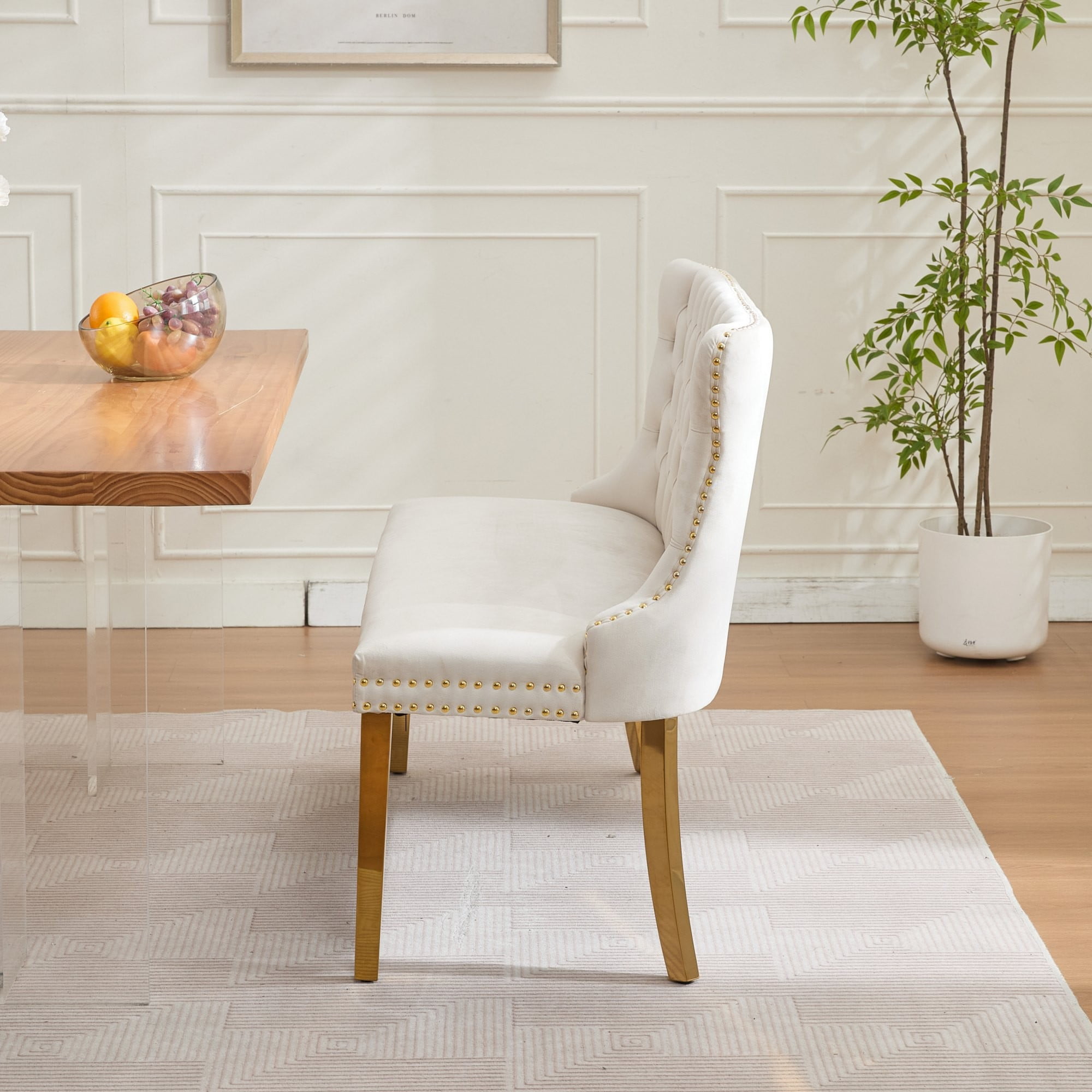 Velvet Double Dining Loveseat Bench, Kitchen & Dining Seating, 2-Seat Tufted Bench w/Handmade Buttons, Wing Back, Gold-Plated Steel Legs, Mid Century Modern,Single Pack (Beige)