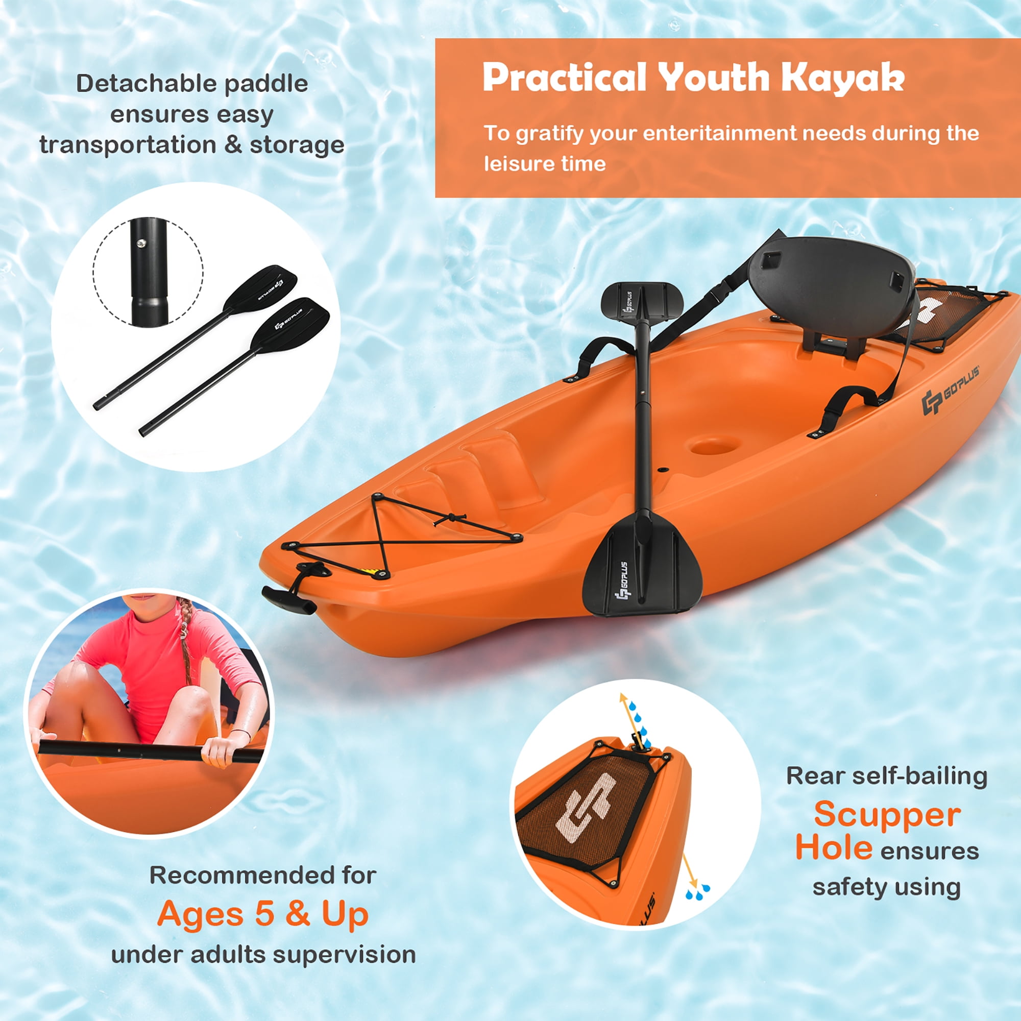 Goplus 6ft Youth Kids Kayak w/Paddle Storage Hatche 4-Level Footrest for  Age 5+ 
