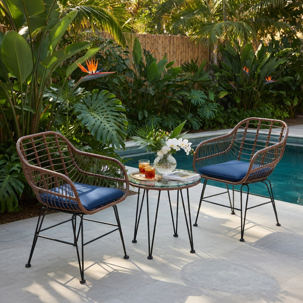 Hommoo 3-Piece Outdoor Rattan Bistro Set with Removable Cushions, Steel Frame, Tempered Glass Table, for Patio, Balcony, Poolside, Navy