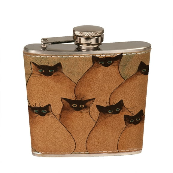 KuzmarK 6 oz. Leather Pocket Hip Liquor Flask - Seven Silly Siamese Kitties Art by Denise Every
