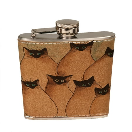 

KuzmarK 6 oz. Leather Pocket Hip Liquor Flask - Seven Silly Siamese Kitties Art by Denise Every